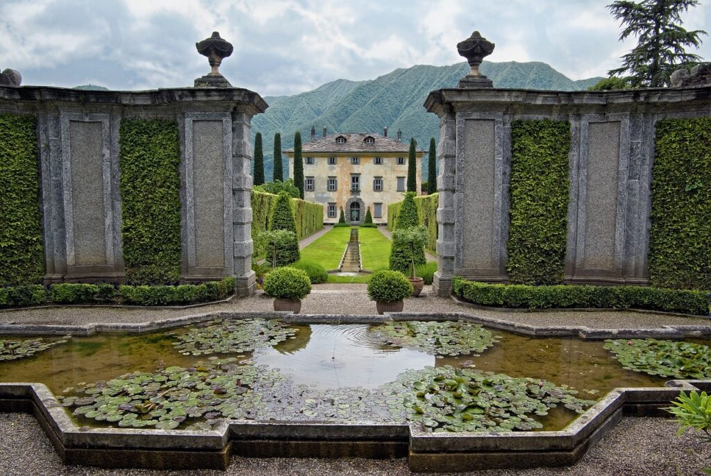 villa balbiano, nature, fontana, garden, water lilies, water lily, architecture, villa, construction, historical building, tourism, cypress trees, lake como, lombardy, italy, point of view